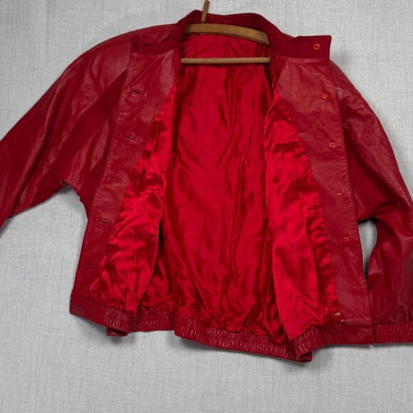 Vintage 80s Red Leather Suede Panel Jacket Batwing Button Front Bomber Size 36 - Picture 3 of 14